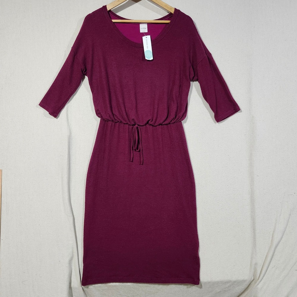 Kaileigh Pace Knit Dress Burgundy 3/4 Sleeve Midi Drawstring Waist Womens Size M